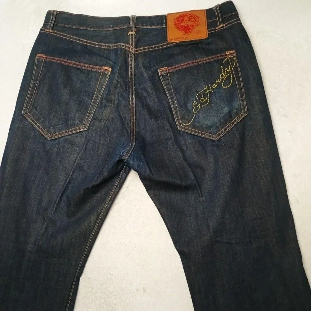 Ed Hardy Jeans Men 38x32 Blue Straight Relaxed Button Fly Distressed Embroidered
